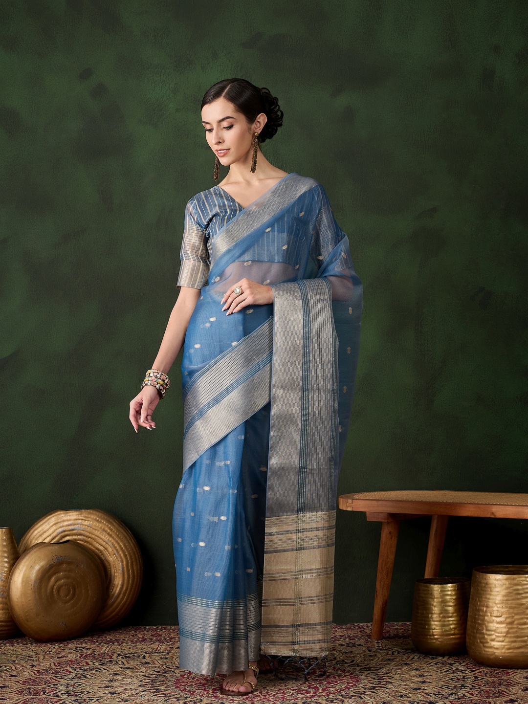 

KALINI Woven Design Zari Organza Kanjeevaram Saree, Teal