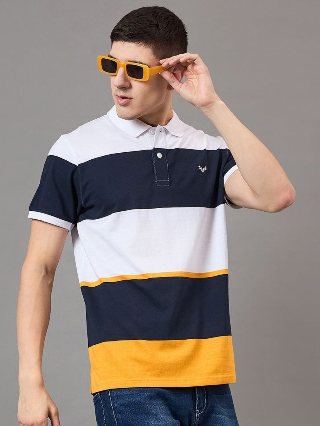 

BRONATION Men Striped Polo Collar Cotton T-shirt, Navy blue