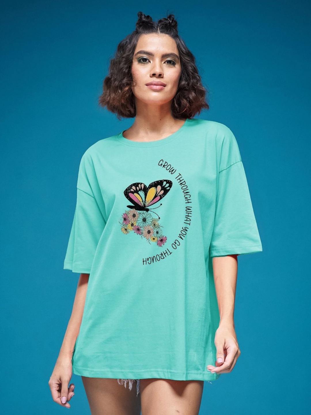 

SMARTEES Women Graphic Printed Round Neck Cotton Oversized T-shirt, Sea green