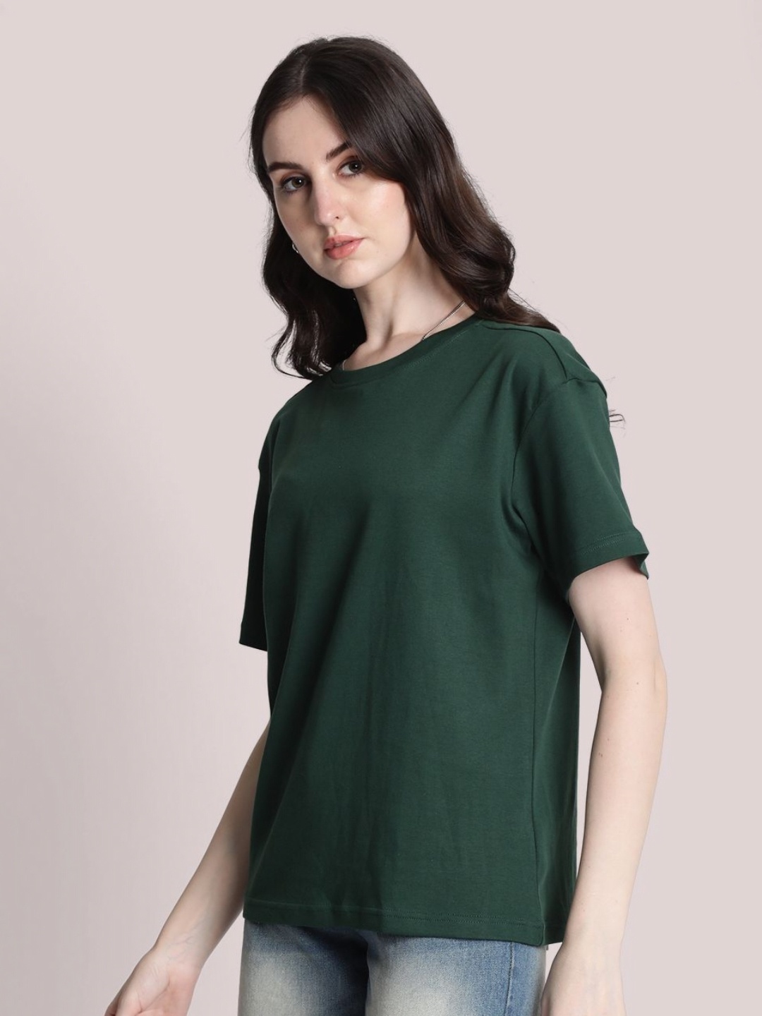 

Bene Kleed Women Solid Round Neck Oversize Cotton T-shirt, Green