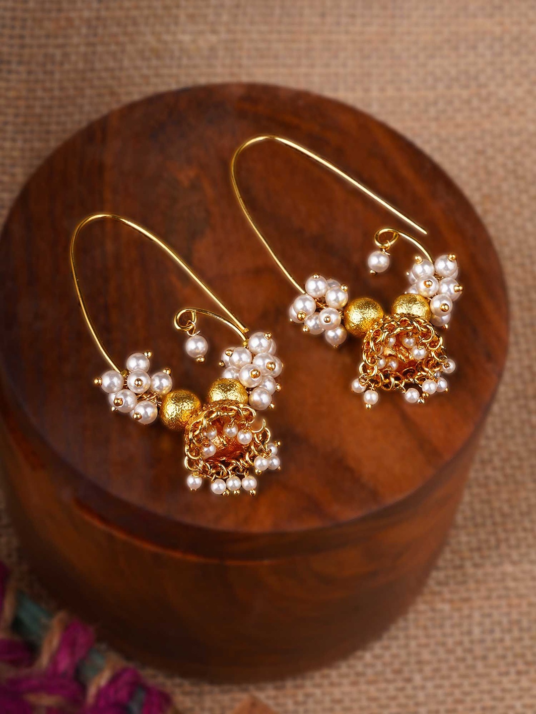 

Adwitiya Collection Gold-Plated Pearls Studded Dome Shaped Drop Earrings