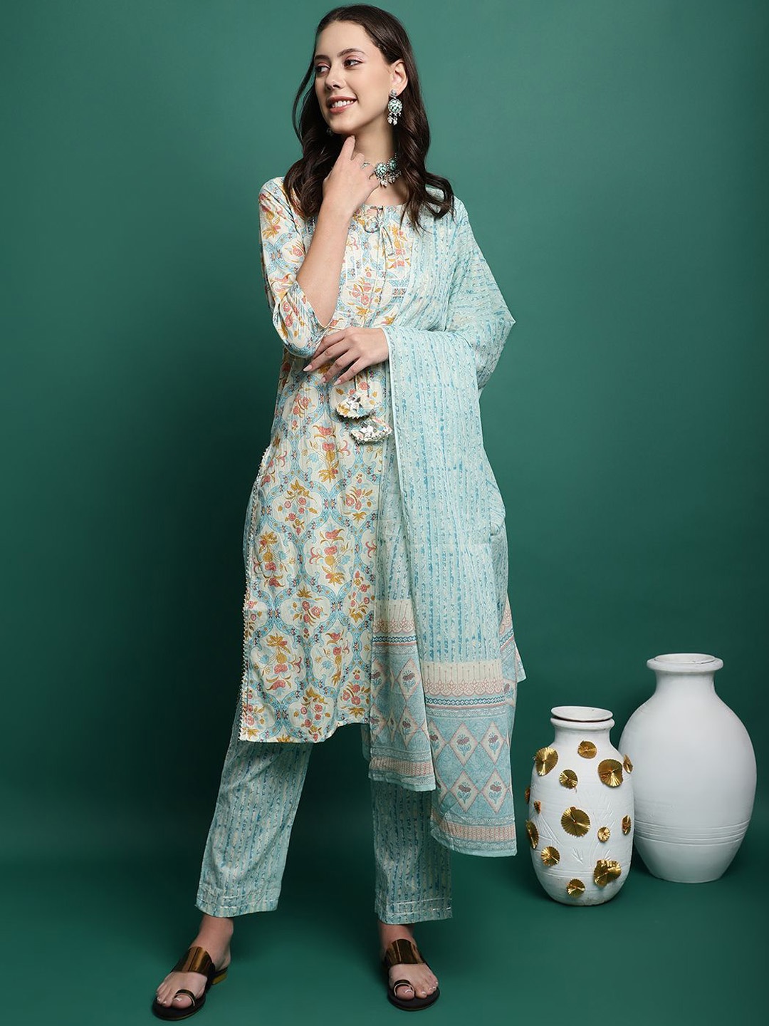 

Sangria Blue Floral Printed Keyhole Neck Pure Cotton Kurta With Trousers And Dupatta