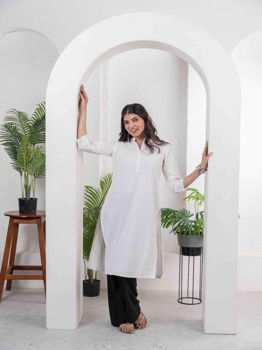 

INAAYA JAIPUR Mandarin Collar Pure Cotton A-Line Kurti, White