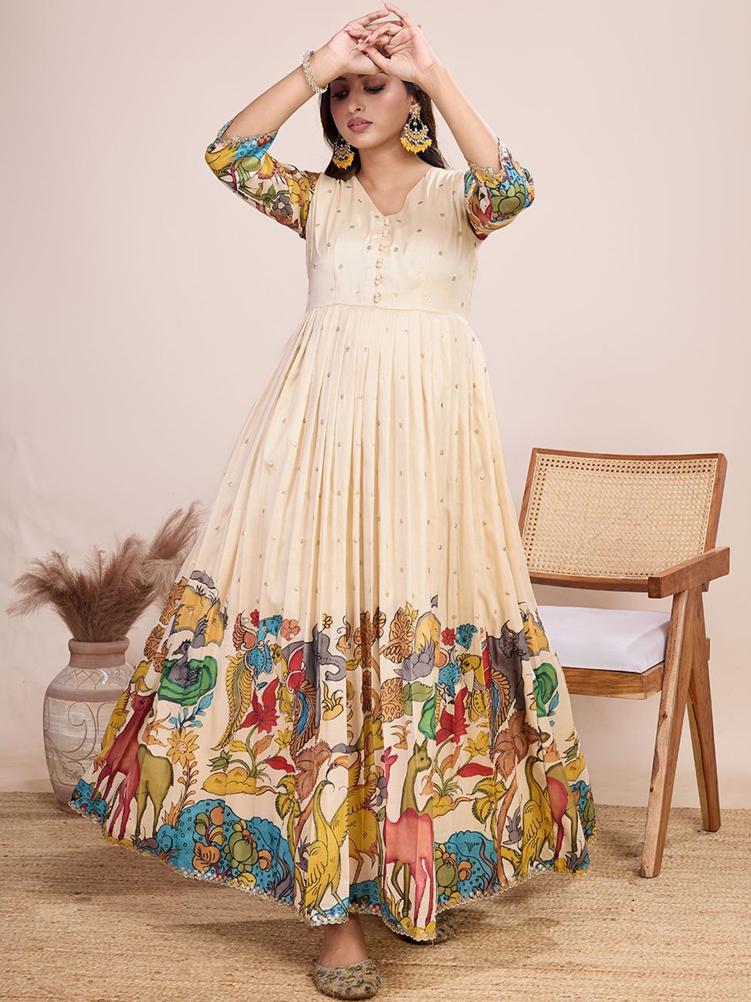 

Tasarika Printed V Neck Maxi Gown Ethnic Dresses, Yellow