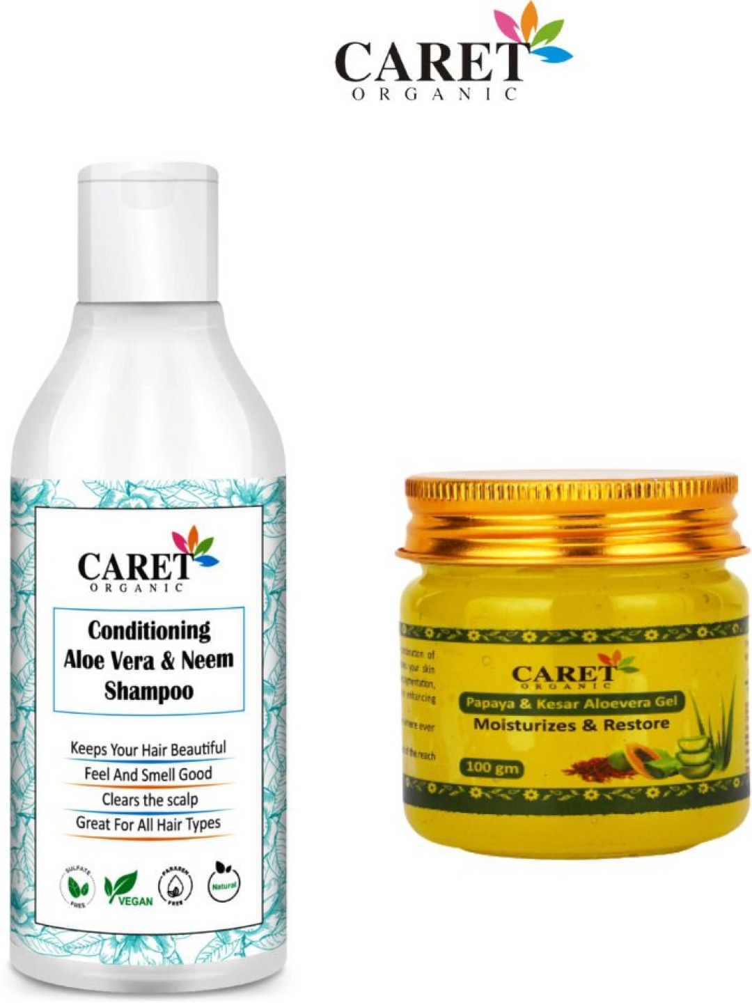 

CARET ORGANIC Set Of 2 Neem Shampoo - 200 ml & Aloevera Gel - 100 g, White