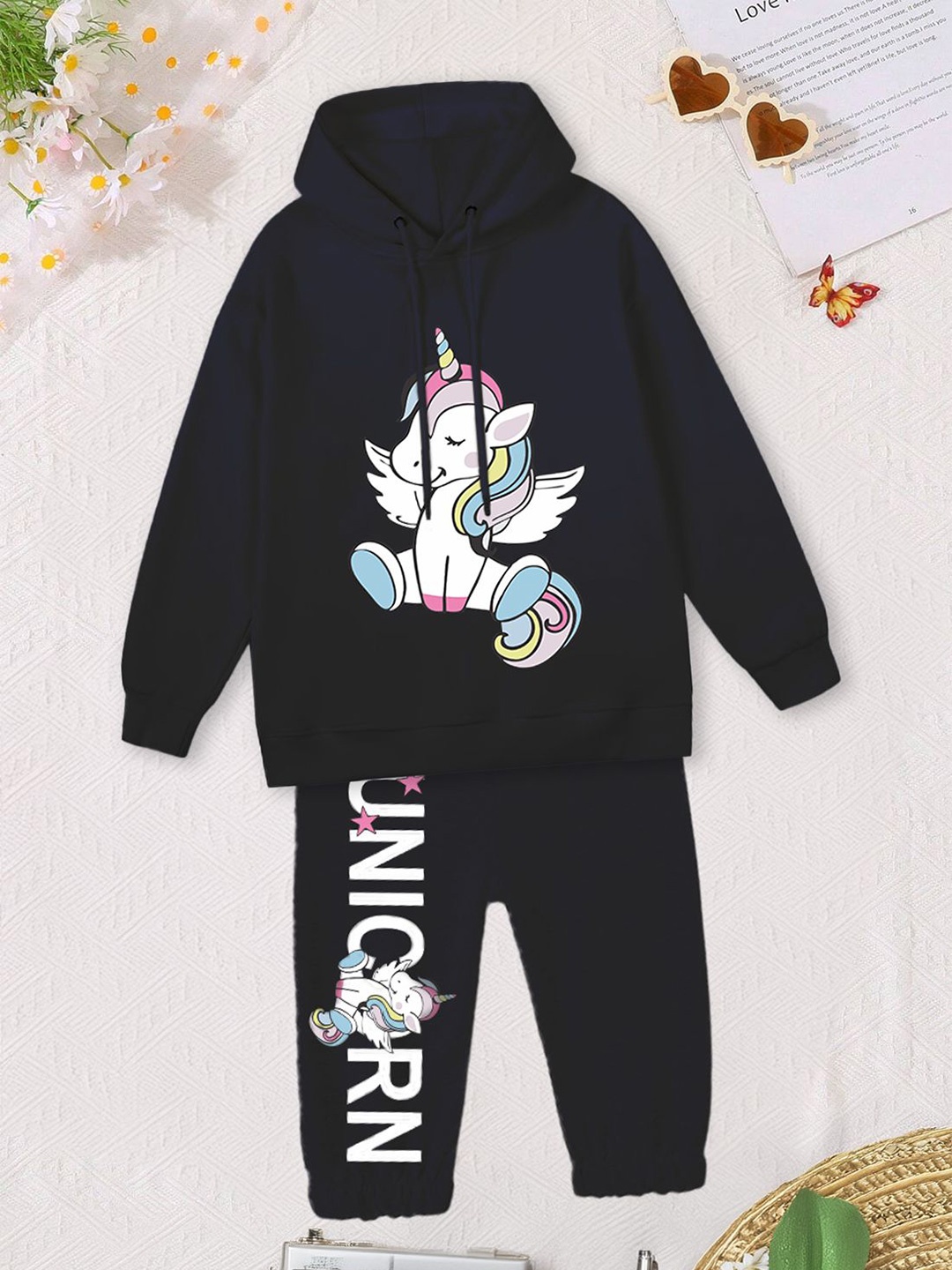 

FOREVER FRIDAY Girls Printed Pure Cotton Sweatshirt With Jogger, Navy blue