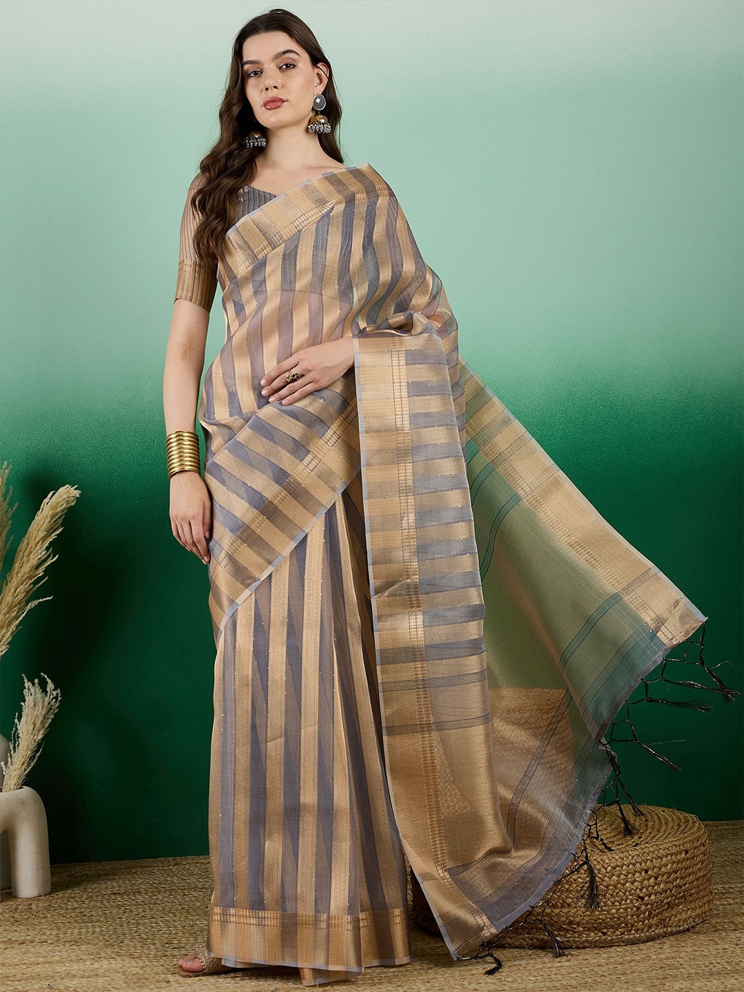 

KIMISHA Striped Sequinned Organza Banarasi Saree, Grey