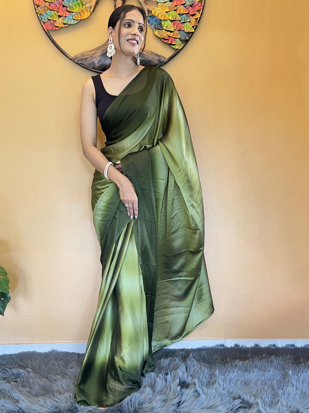 

ZIBLON Ombre Pure Georgette Ready to Wear Saree, Green