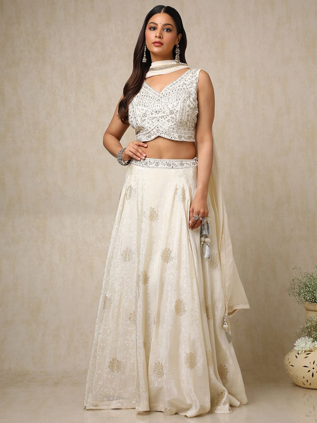 

Soch Embellished Mirror Work Ready to Wear Lehenga & Blouse With Dupatta, Cream