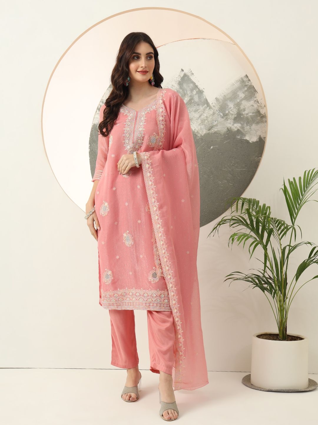 

Yufta Floral Embroidered Poly Chiffon Straight Kurta With Trousers And Dupatta, Pink