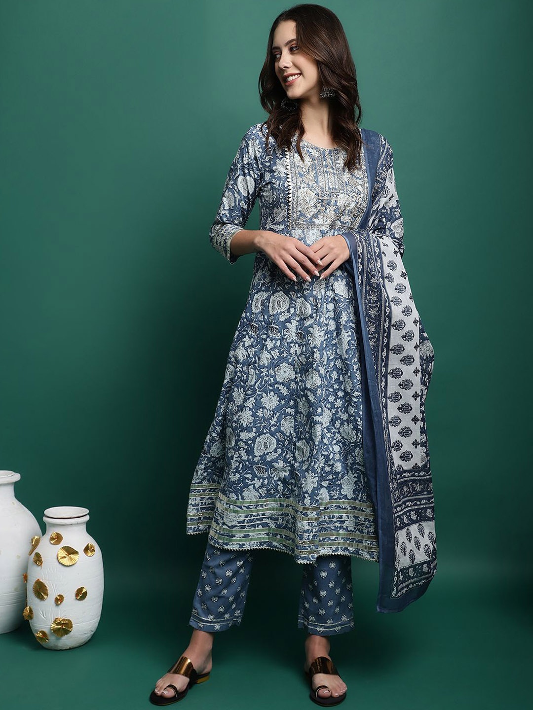 

Sangria Blue Floral Printed Gotta Patti Pure Cotton A-Line Kurta With Trousers And Dupatta