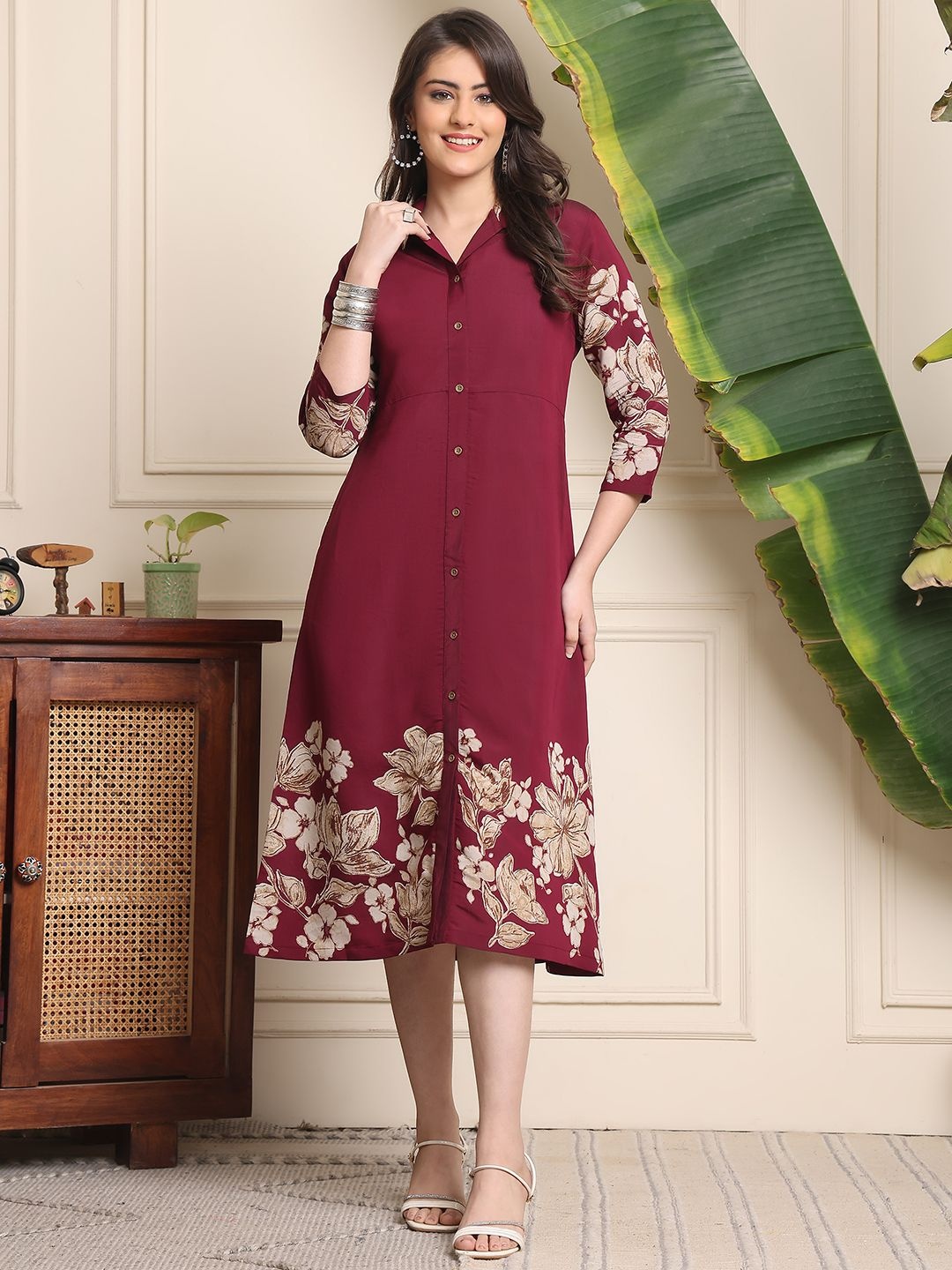 

Claura Women Floral Printed Maxi Midi Dress, Burgundy