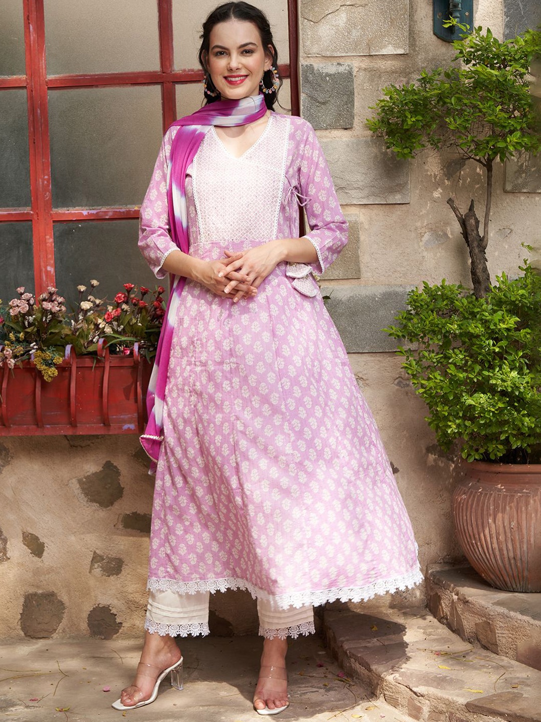 

Sangria Lavender Floral Printed V-Neck Pure Cotton A-Line Kurta With Trousers & Dupatta