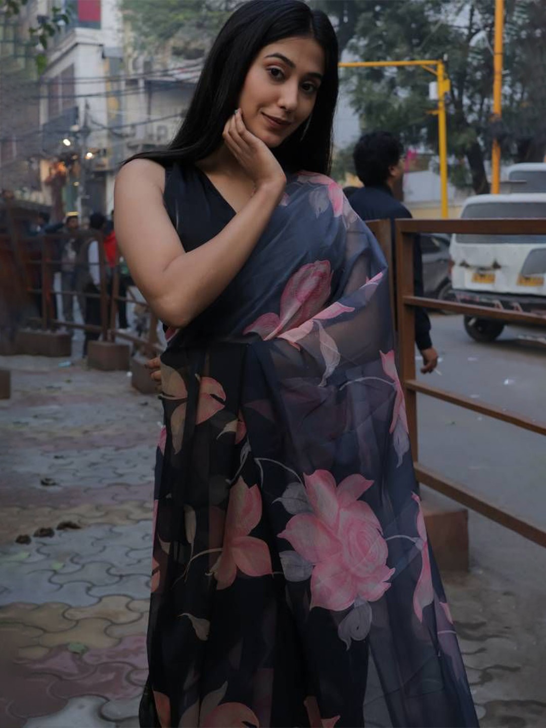 

House of Chiffon Floral Printed Saree, Black