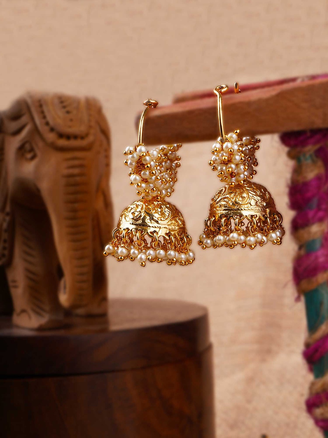 

Adwitiya Collection Gold-Plated Artificial Beaded Dome Shaped Jhumkas