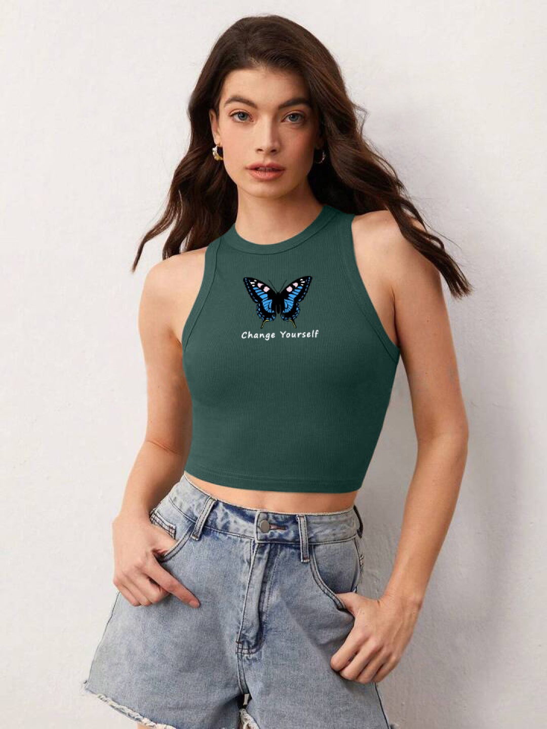 

The Roadster Lifestyle Co Women Printed Cotton Fitted Crop Top, Green