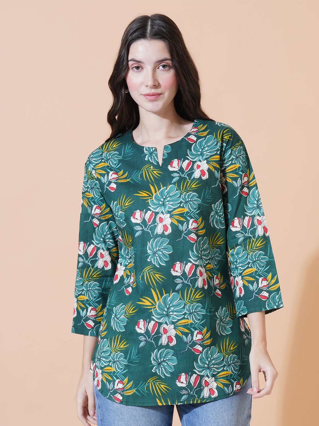 

GUDWEARS Women Floral Printed Mandarin Collar Cotton A-Line Top, Green