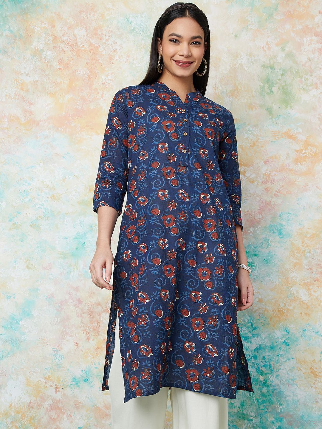 

Melange by Lifestyle Floral Printed Mandarin Collar Straight Kurta, Blue