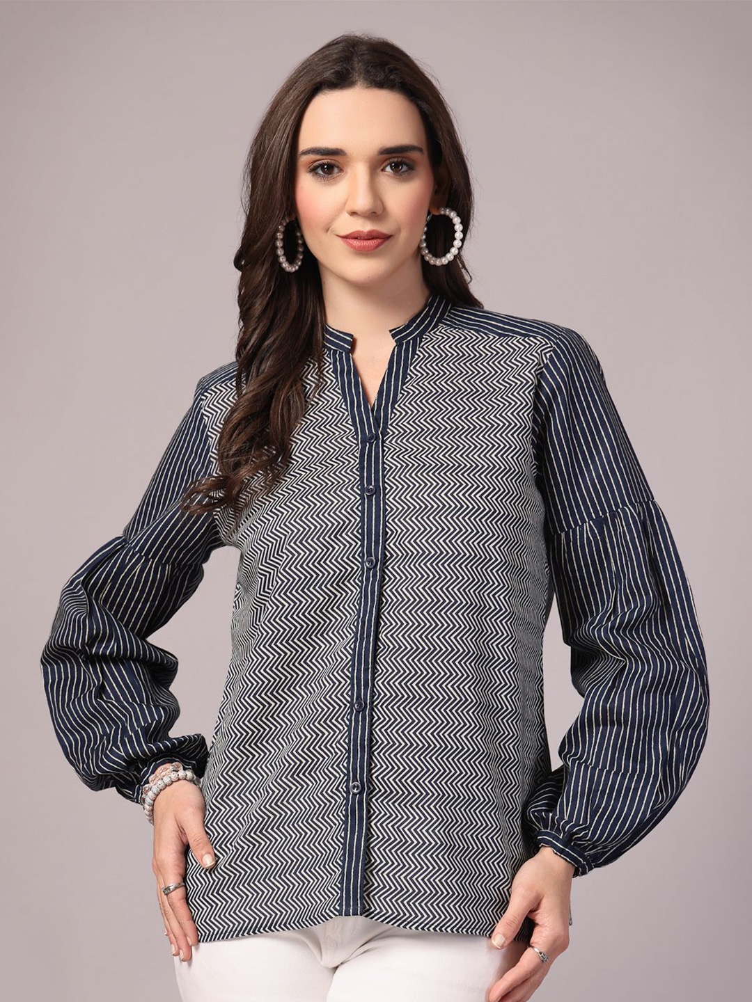 

Vastraa Fusion Women Mandarin Collar Chevron Striped Cotton Casual Shirt, Navy blue