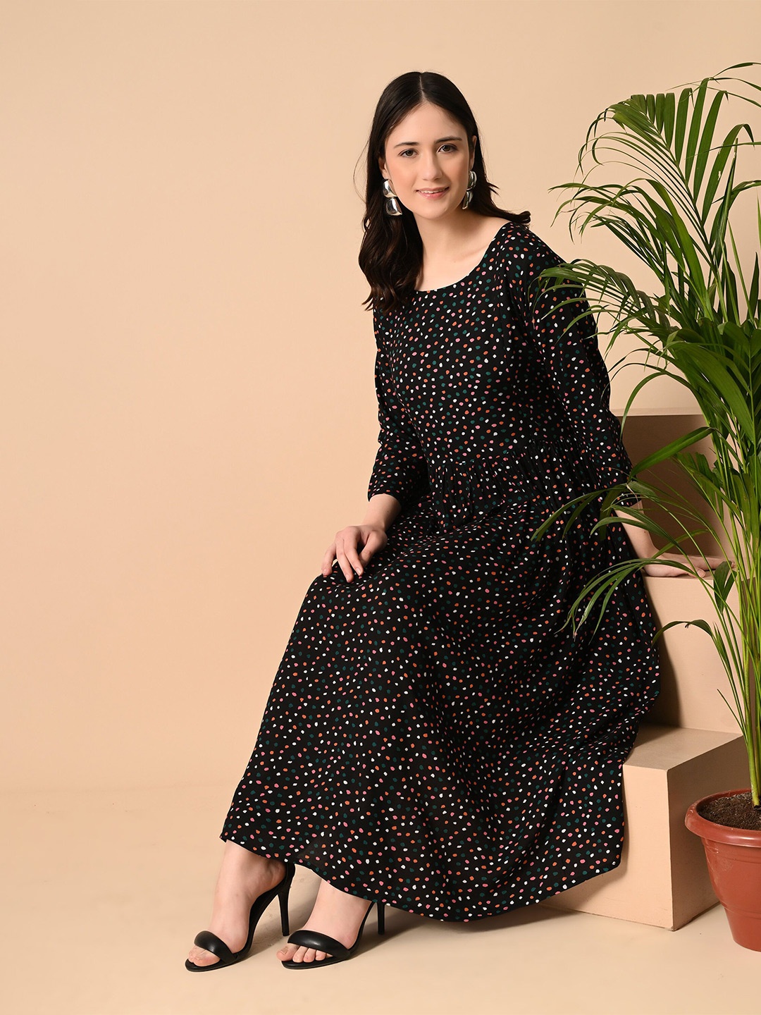 

ao services Polka Dot Print Maternity Fit & Flare Midi Dress, Black