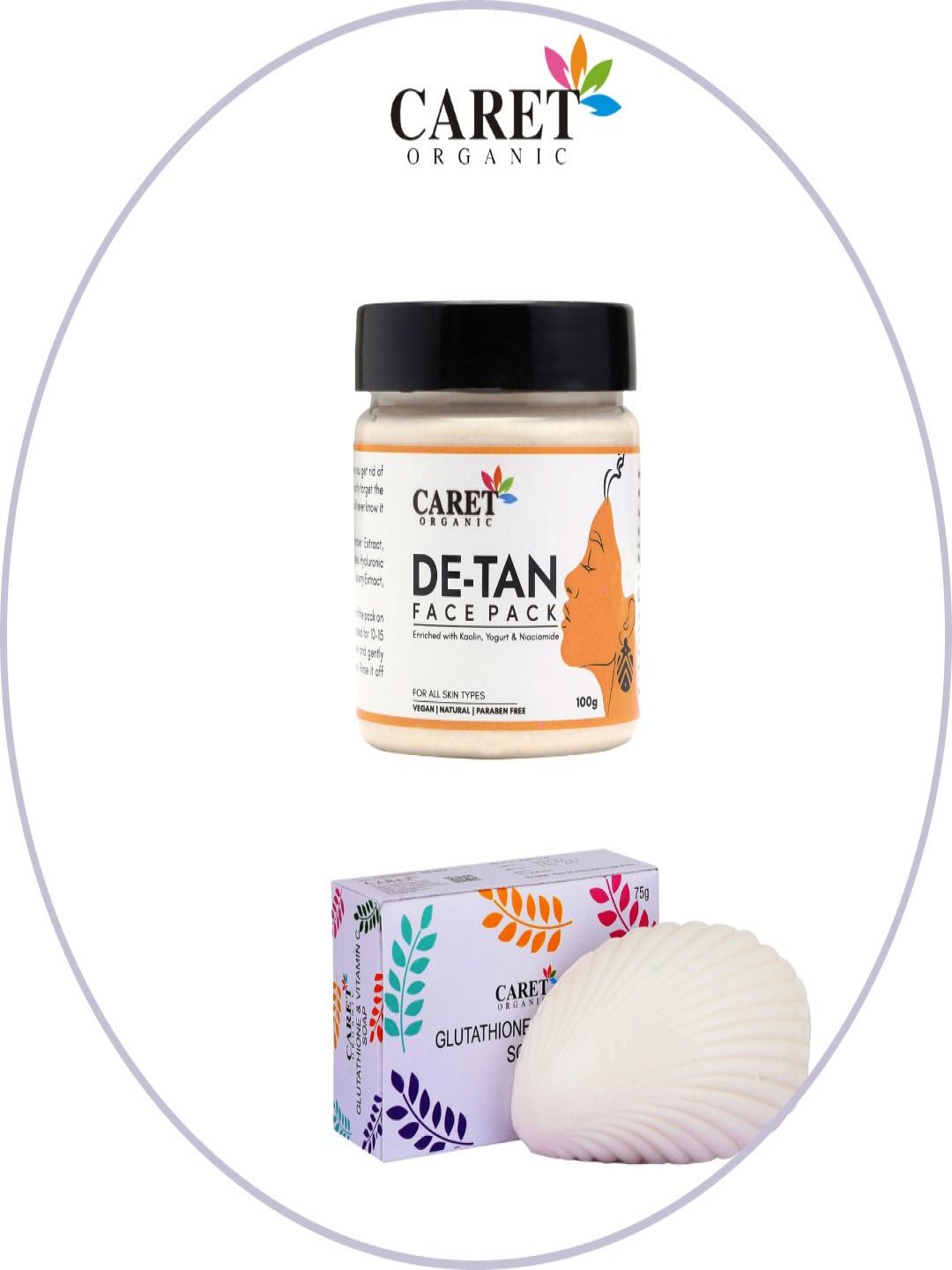 

CARET ORGANIC Set Of 2 De-Tan Face Pack - 100 g & Glutathione & Vitamin C Soap - 75 g, White