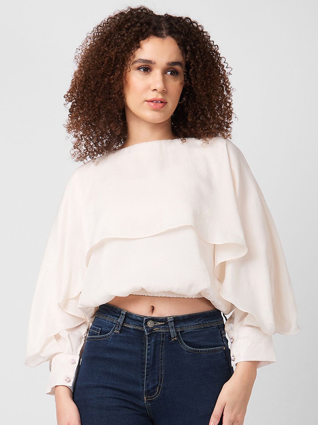 

Iti Women Cuffed Sleeve Cape Crop Top, White