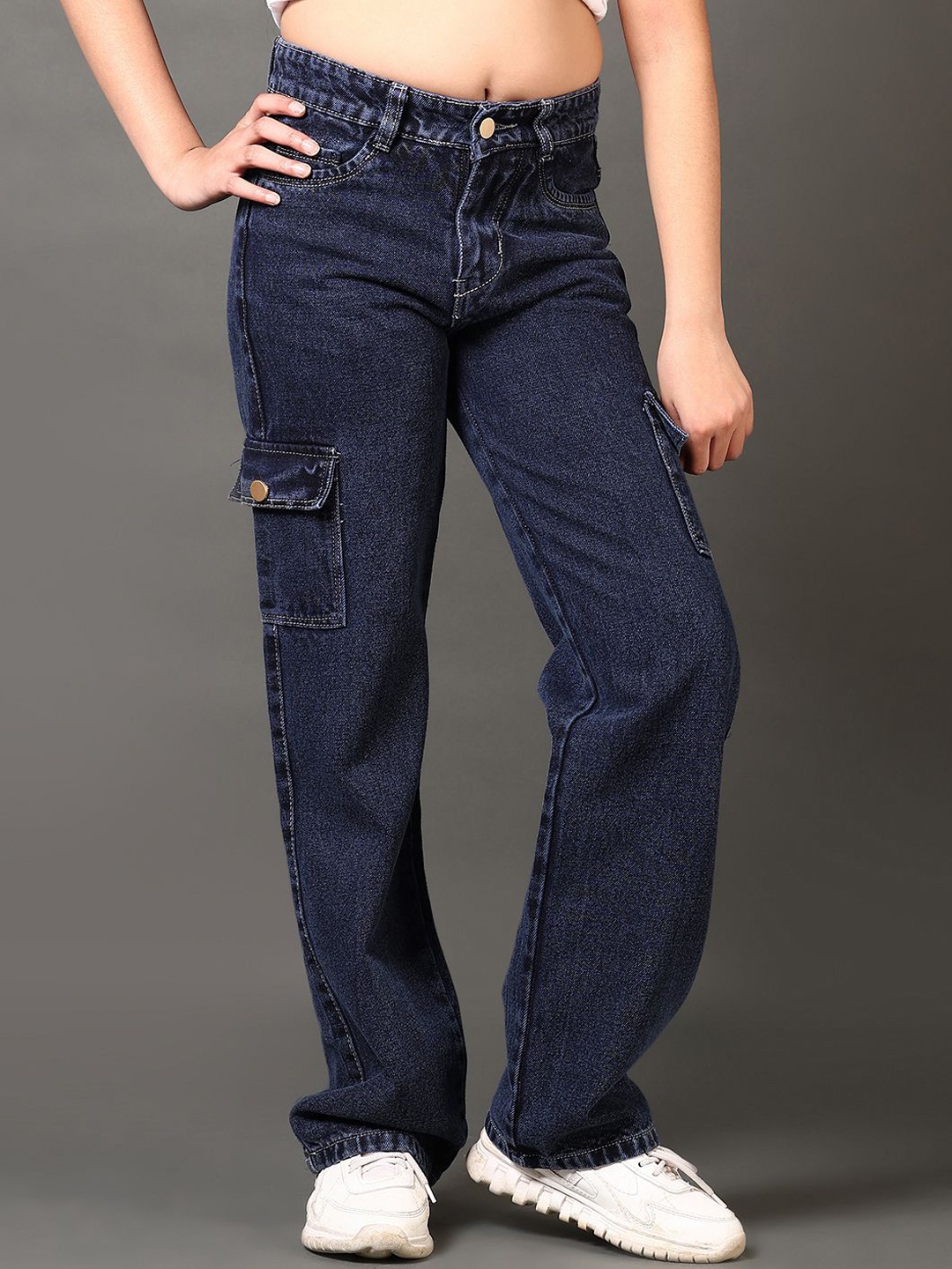 

V-Mart Girls High-Rise Cotton Denim Cargo Styles Jeans, Blue