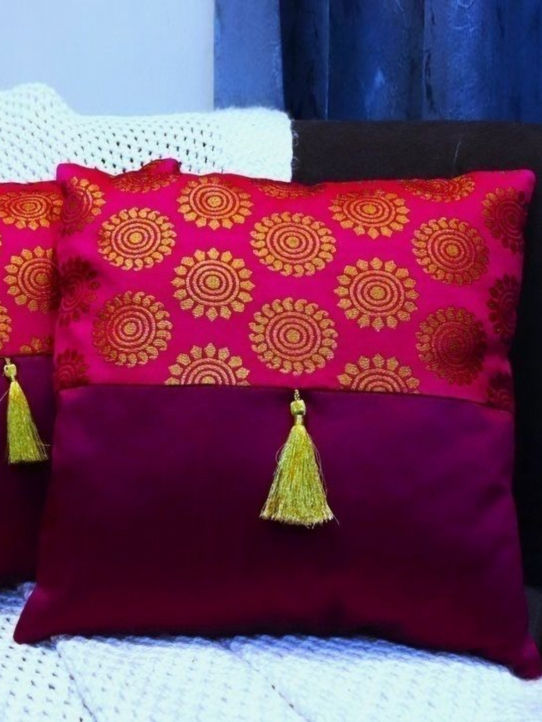

HOME9INE Red And Gold 2 Pieces Floral Printed Square Cushion Covers