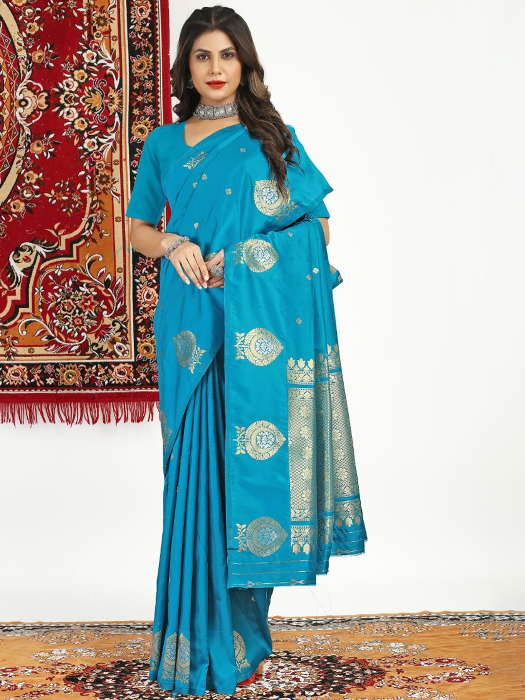 

amirat Woven Design Zari Pure Silk Banarasi Saree, Turquoise blue