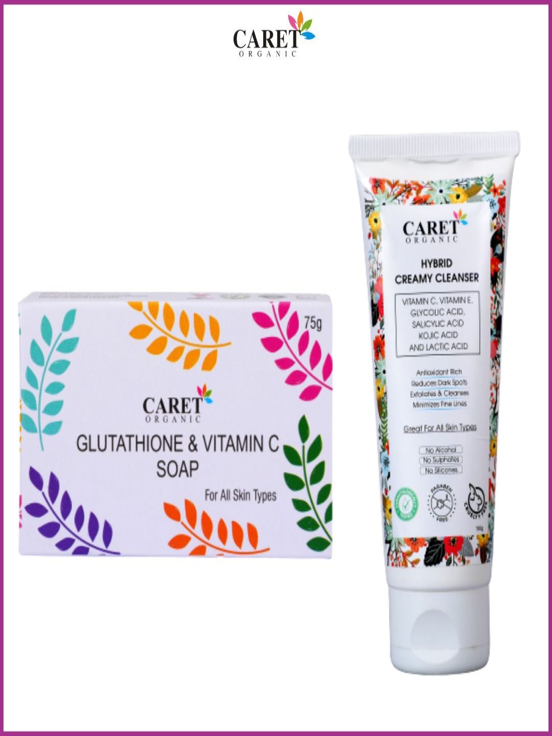 

CARET ORGANIC Set Of 2 Glutathione Vitamin C Soap - 75 g & Hybrid Creamy Cleanser - 100 ml, White