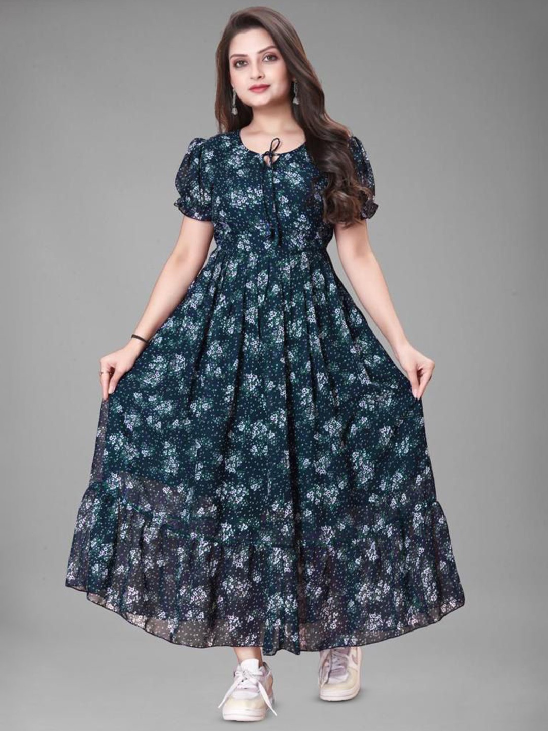 

BAESD Floral Print Keyhole Neck Puff Sleeve Georgette Fit & Flare Maxi Dress, Teal