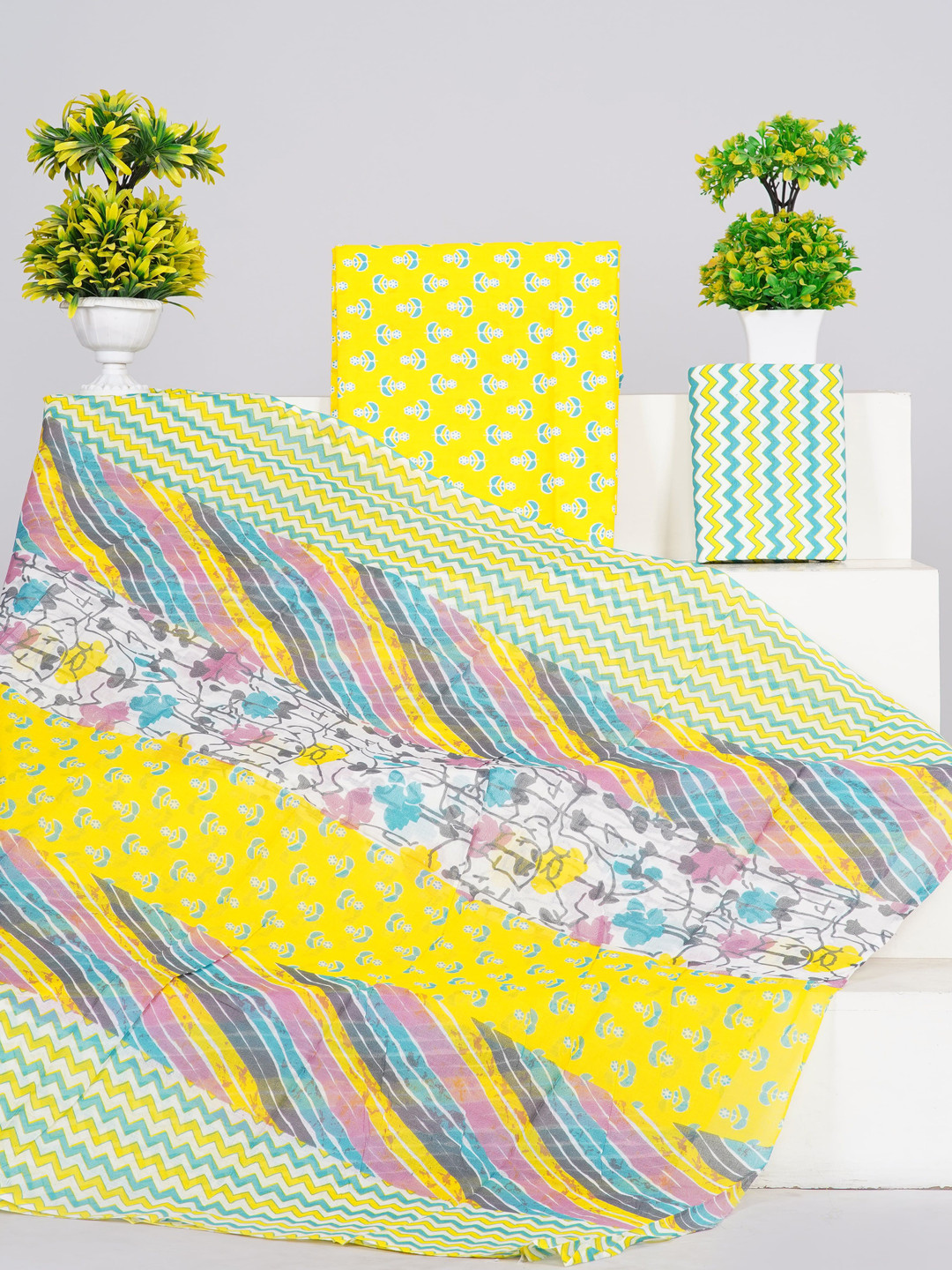 

KIAARON Printed Pure Cotton Unstitched Dress Material, Yellow