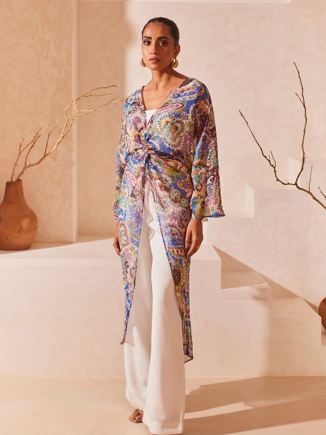 

Urban Suburban Out Of Office Printed Bohemian Chiffon Kaftan Longline Top, Blue