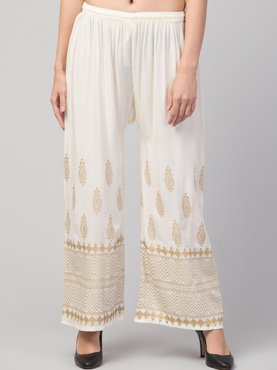 

FAMBEE Women Printed Flared Knitted Palazzos, Cream