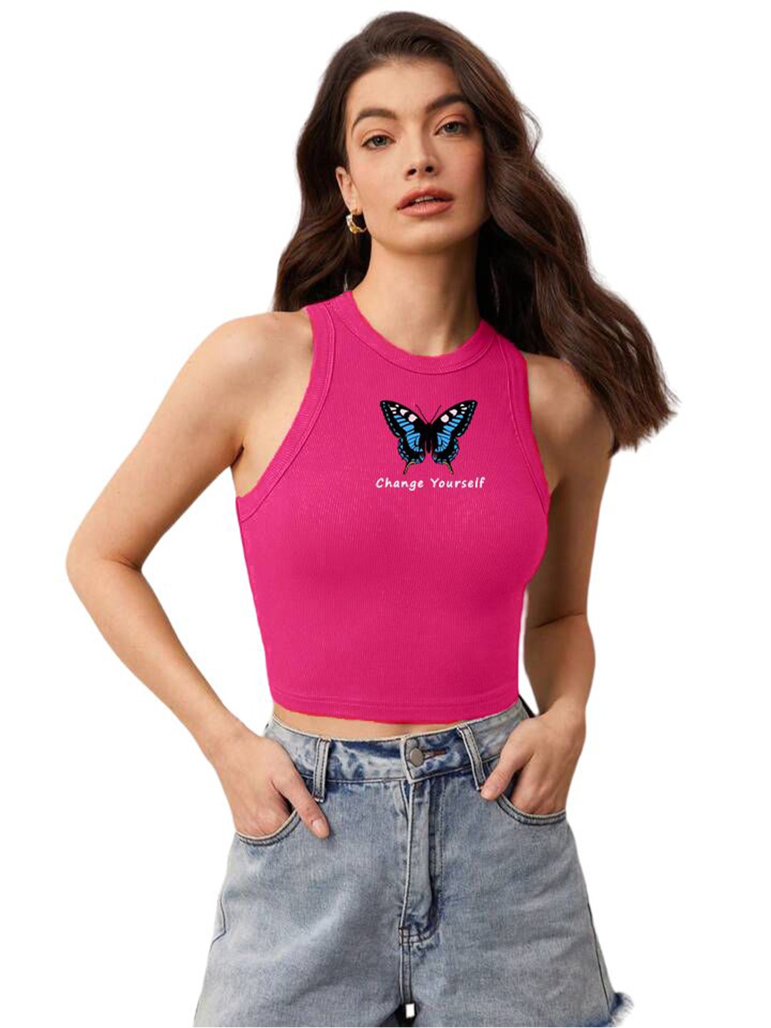 

The Roadster Lifestyle Co Printed Sleeveless Stretchable Crop Top, Pink