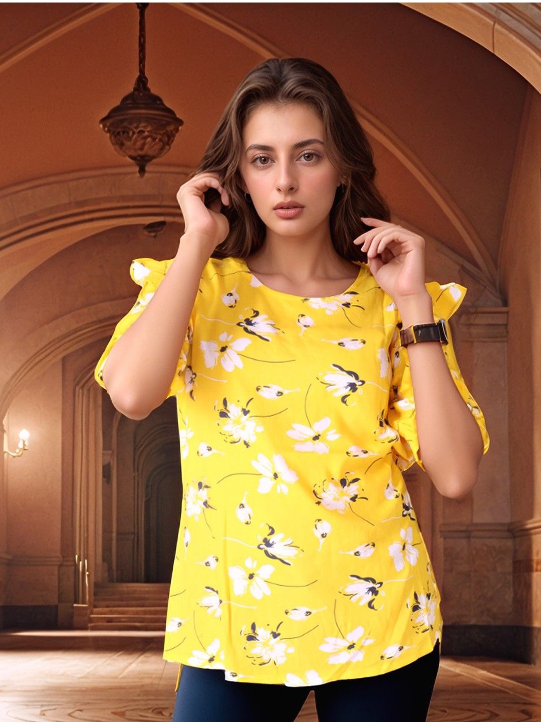 

Bucciato Private Limited Women Floral Printed Ruffles Cotton A-Line Top, Yellow