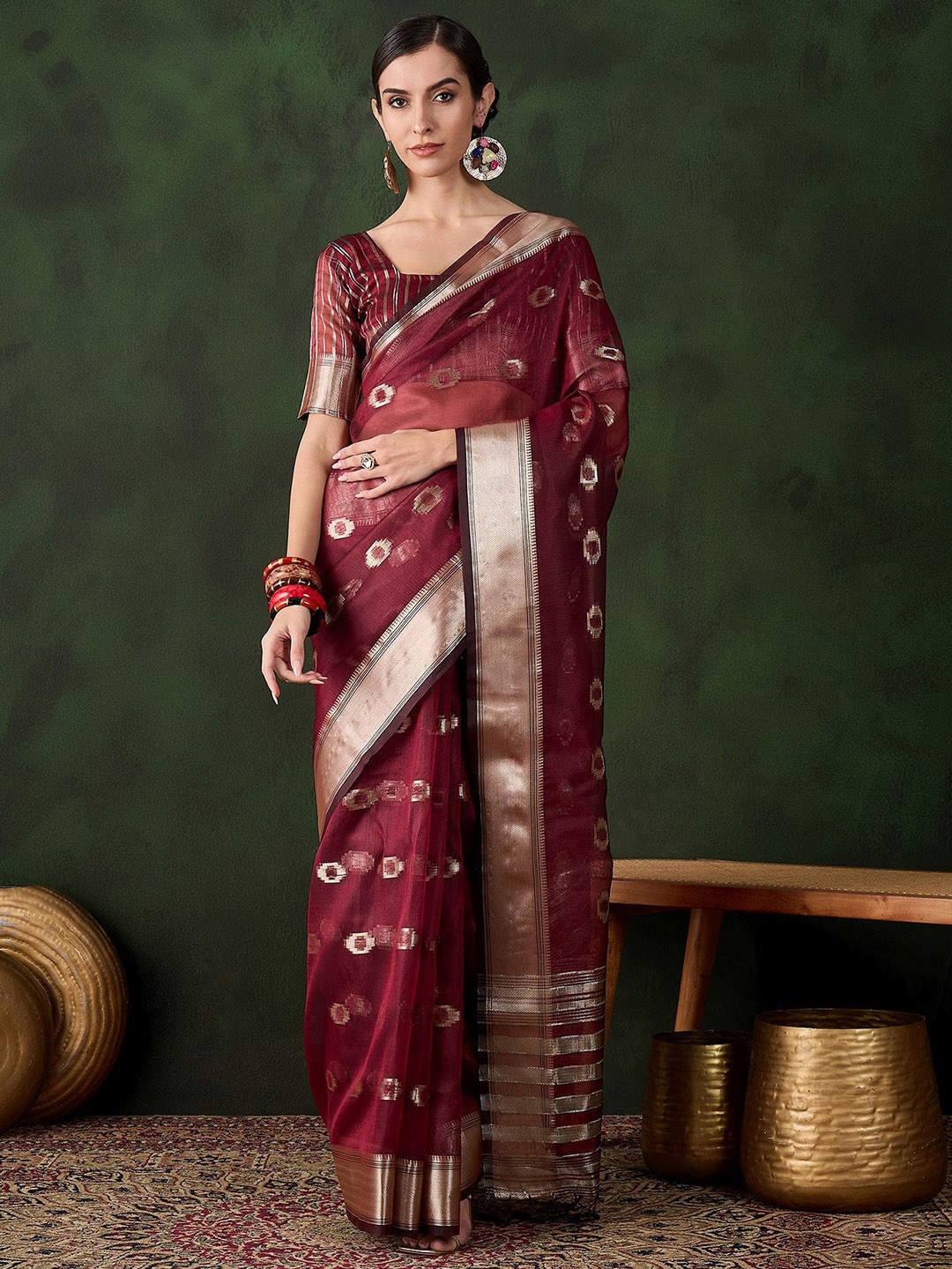 

KALINI Woven Design Zari Organza Kanjeevaram Saree, Maroon