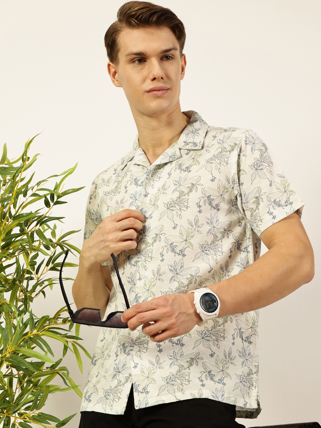 

Mast & Harbour Men Cuban Collar Floral Printed Cotton Casual Shirt, Off white