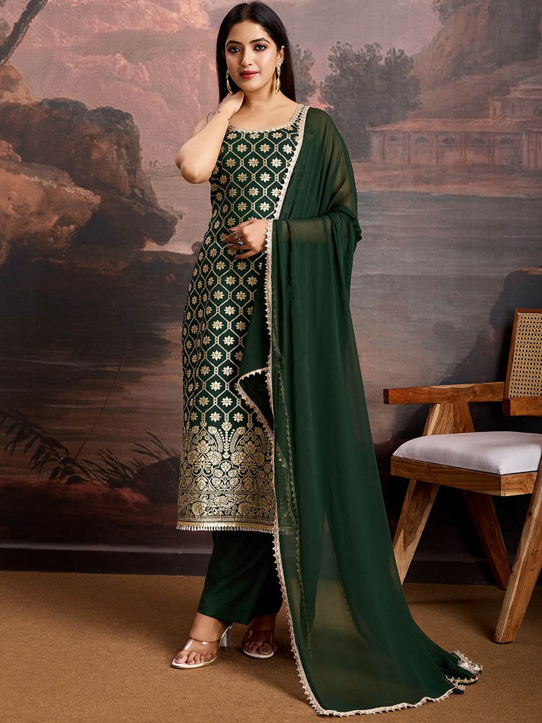 

House of Pataudi Floral Woven Design Sleeveless Straight Kurta With Trousers & Dupatta, Green