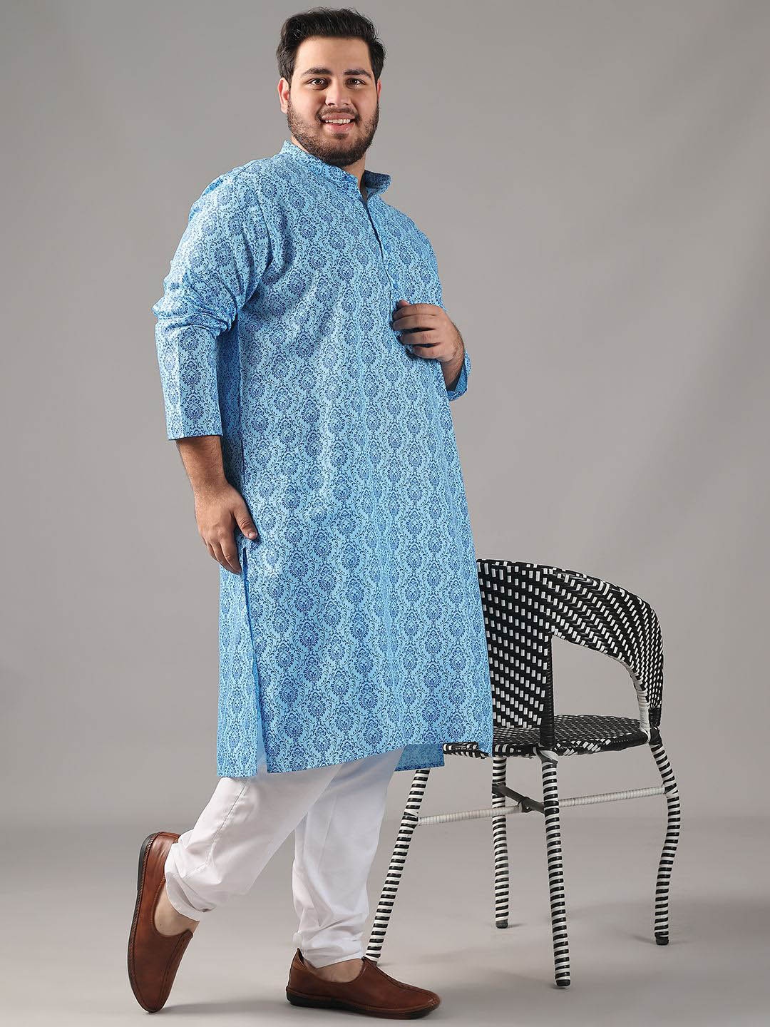 

SOJANYA PLUS Plus Size Men Ethnic Motifs Printed Band Collar Straight Kurta With Pyjamas, Blue