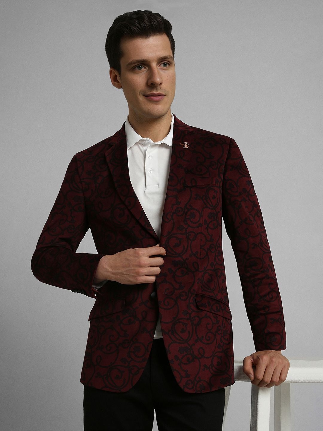 

SIMON CARTER LONDON Printed Pure Cotton Single-Breasted Blazer, Maroon