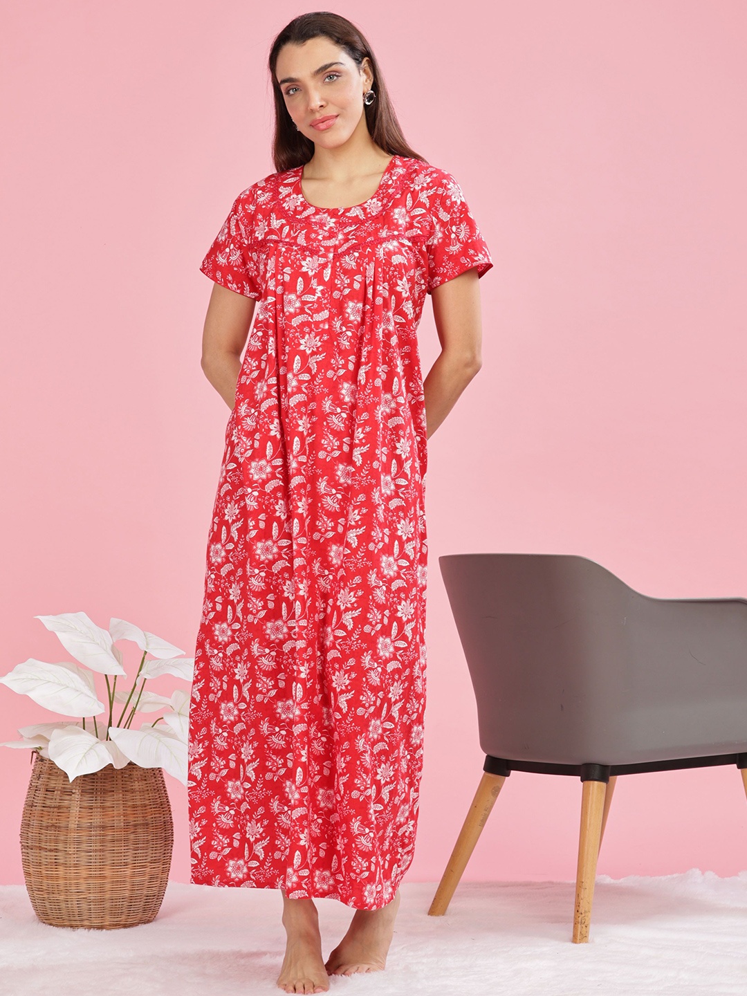 

9shines Label Women Tropical Printed Pure Cotton Maxi Nightdress, Red