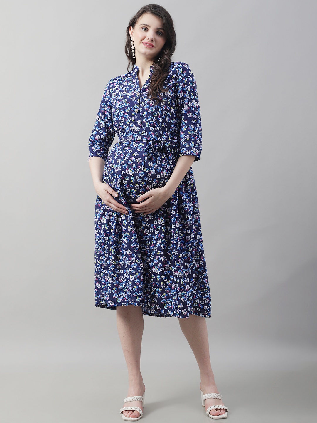 

Frempy Women Floral Print Crepe Maternity A-Line Midi Dress, Navy blue