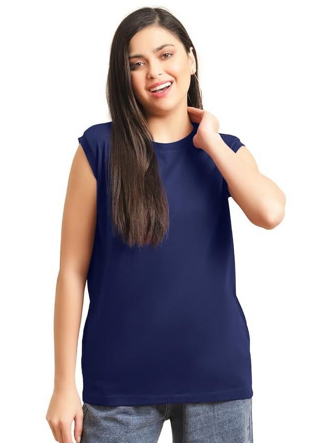 

NOTWILD Women Pack Of 2 Solid Round Neck Cotton T-shirts, Navy blue