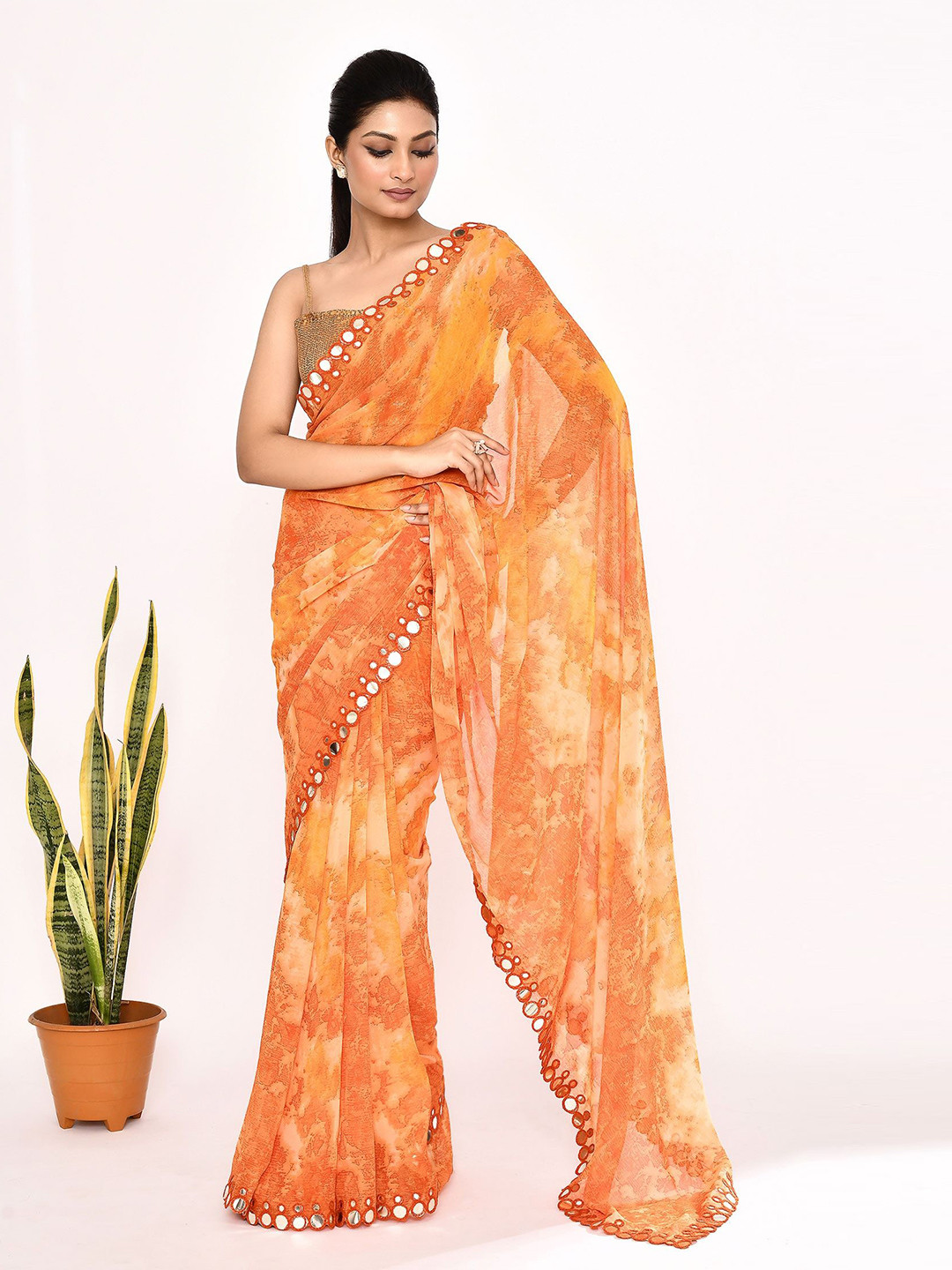 

Manu Designer Tie and Dye Beads and Stones Pure Chiffon Saree, Orange