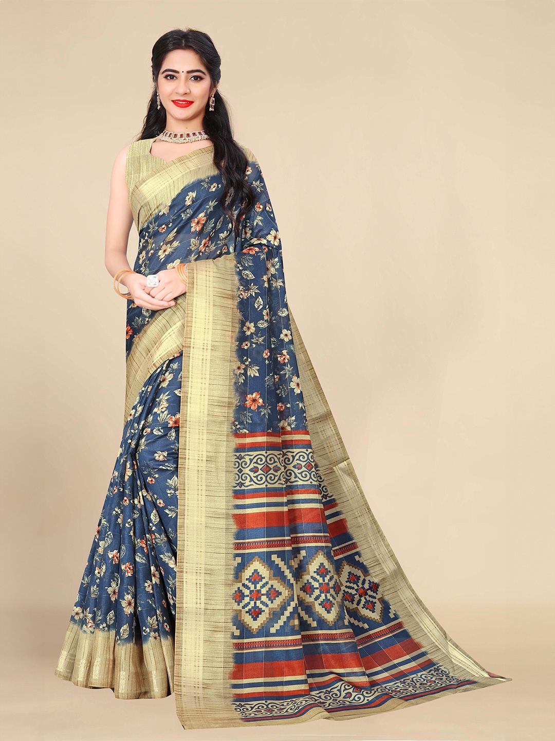 

Styleveda Floral Printed Zari Saree, Blue