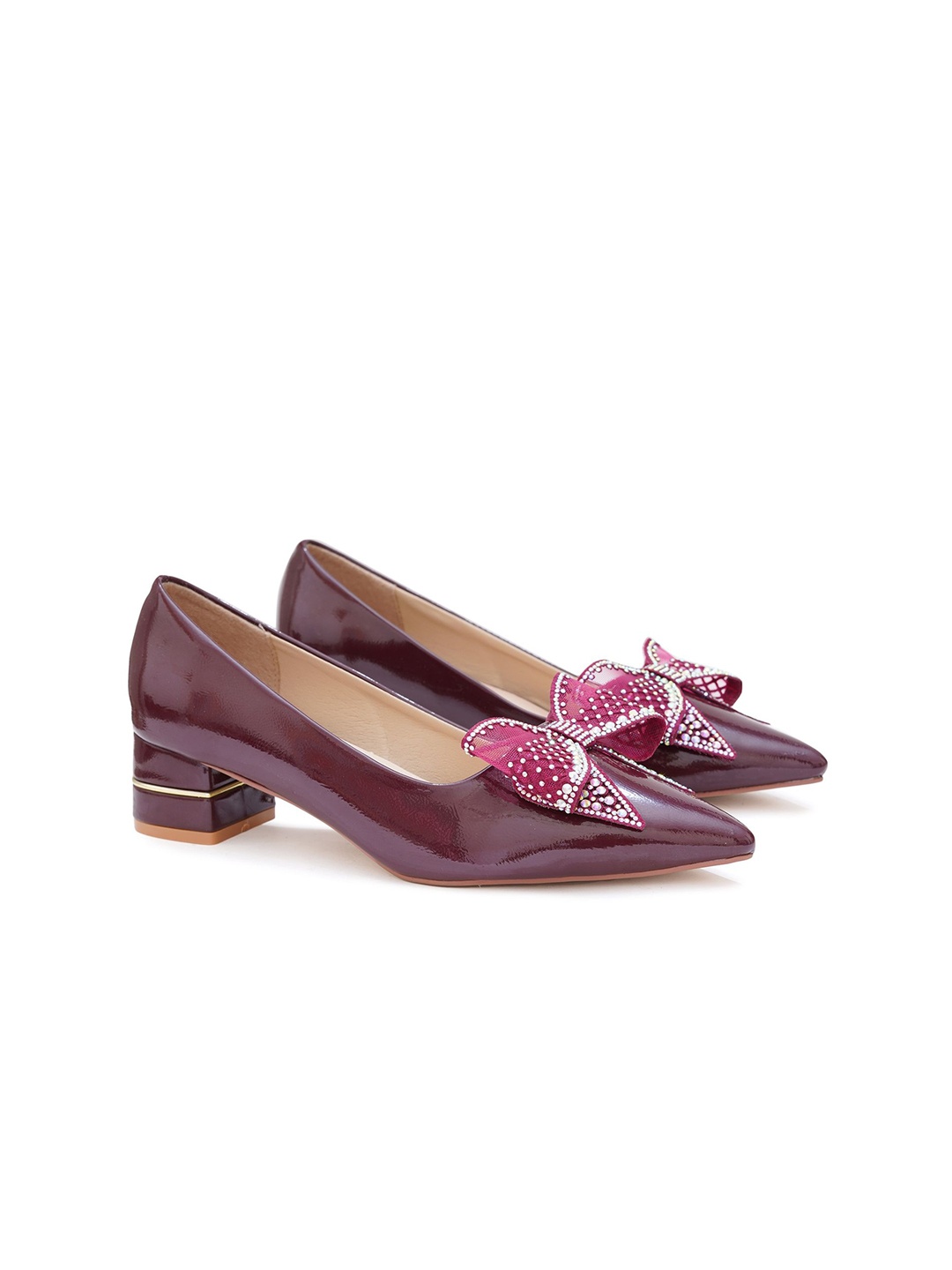 

Sherrif Shoes Women Embellished Open Toe Block Pumps, Maroon