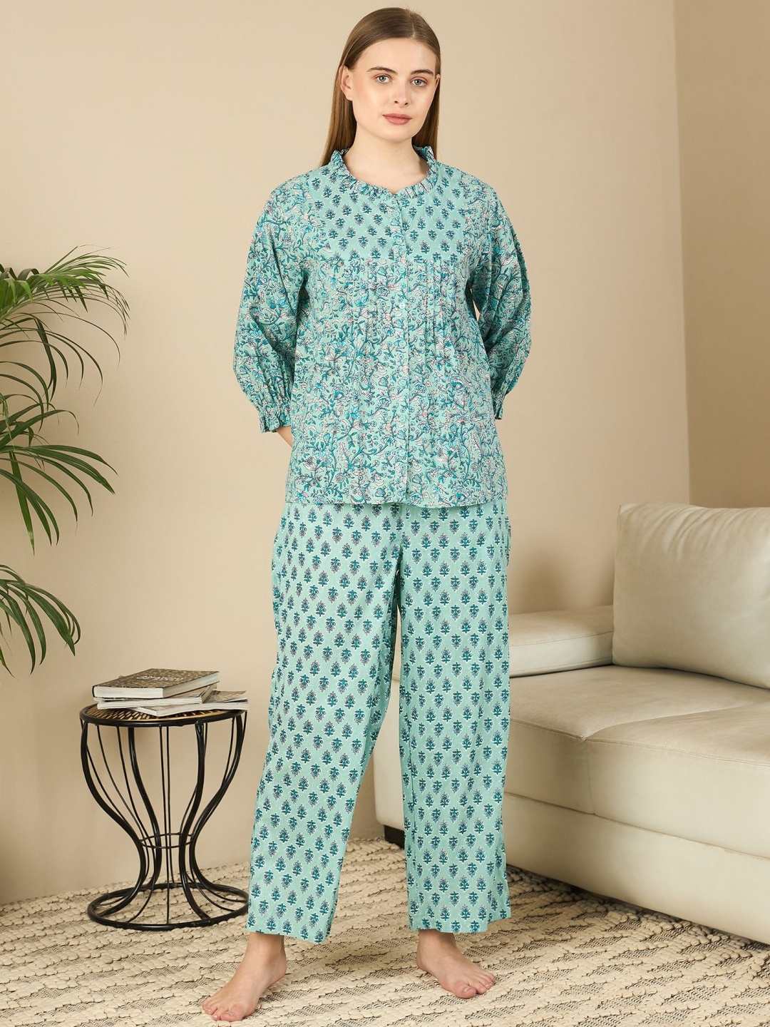 

July Women Floral Printed Pure Cotton Night suit, Green
