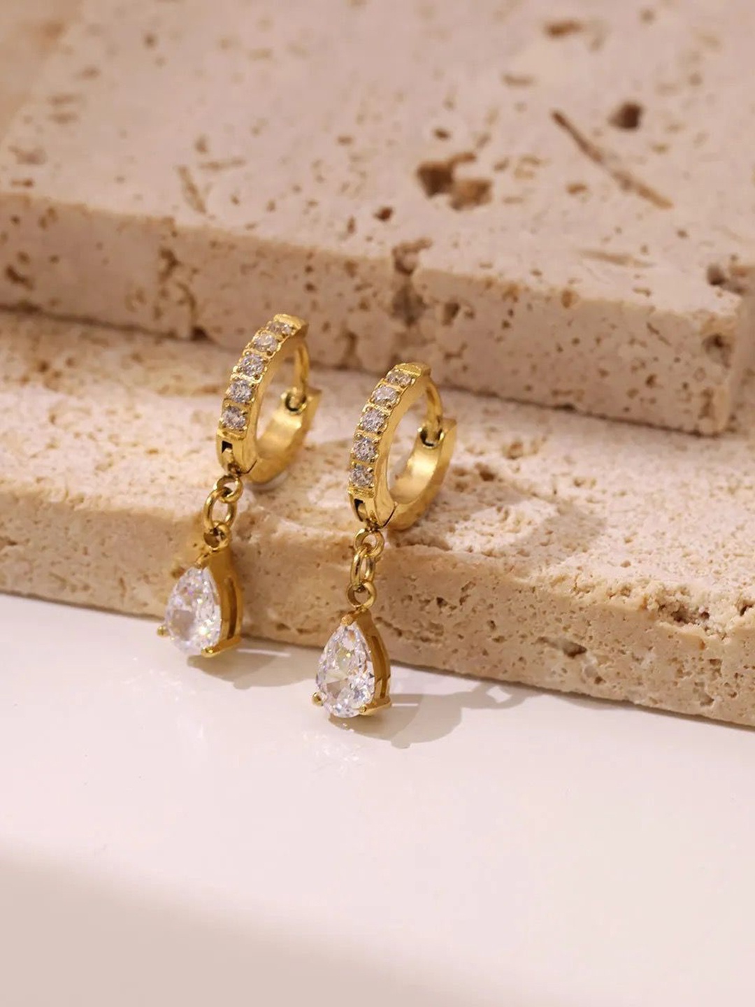 

Inaya Demi Fine18k Gold-Toned Stainless Steel Cubic Zirconia Stone Studded Hoops Earrings