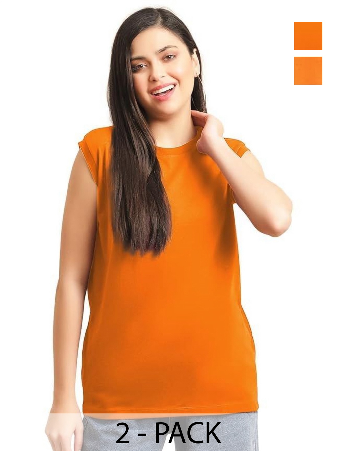 

NOTWILD Women Pack Of 2 Solid Round Neck Cotton T-shirts, Orange